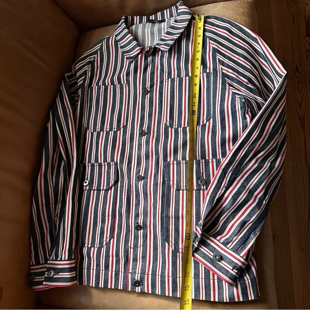 PLEASURES striped chore jacket over shirt shacket denim red printed graphic - Picture 5 of 11